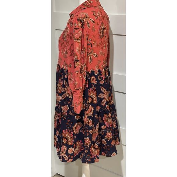 Vince Camuto 4P Dress Coral & Navy Blue Floral Dress Long Sl Gold Buttons - Picture 5 of 7
